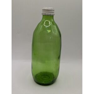 Vintage Green Glass Bottle with White Metal Screw Cap Decorative Bud Vase 7.25in